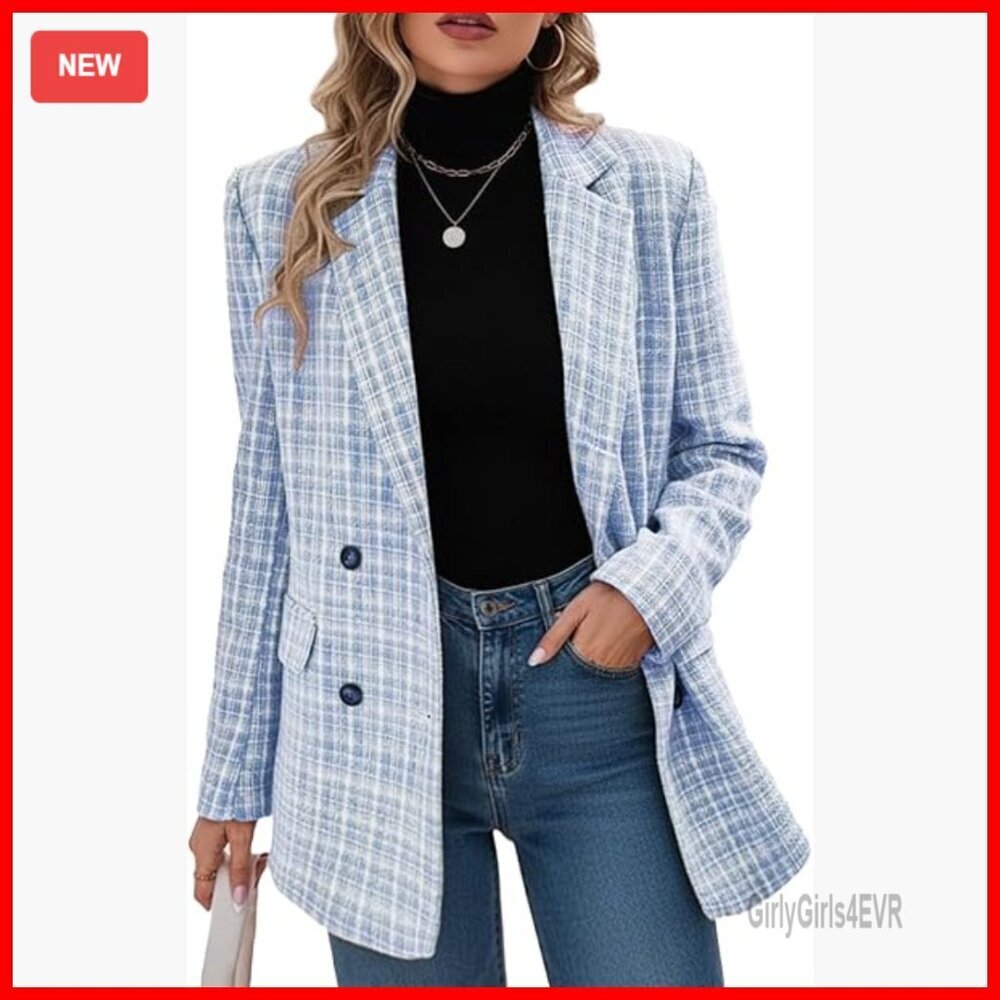 Loose Fit Plaid Tweed Blazer Long Sleeve Open Front Business Casual